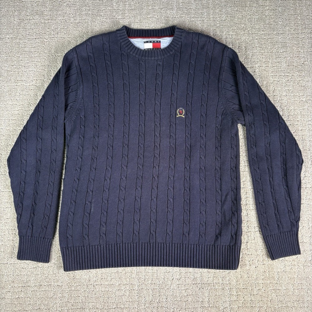 VTG Tommy Hilfiger Sweater Mens Medium Cable Knit Navy Cotton  Y2K Crest LOGO